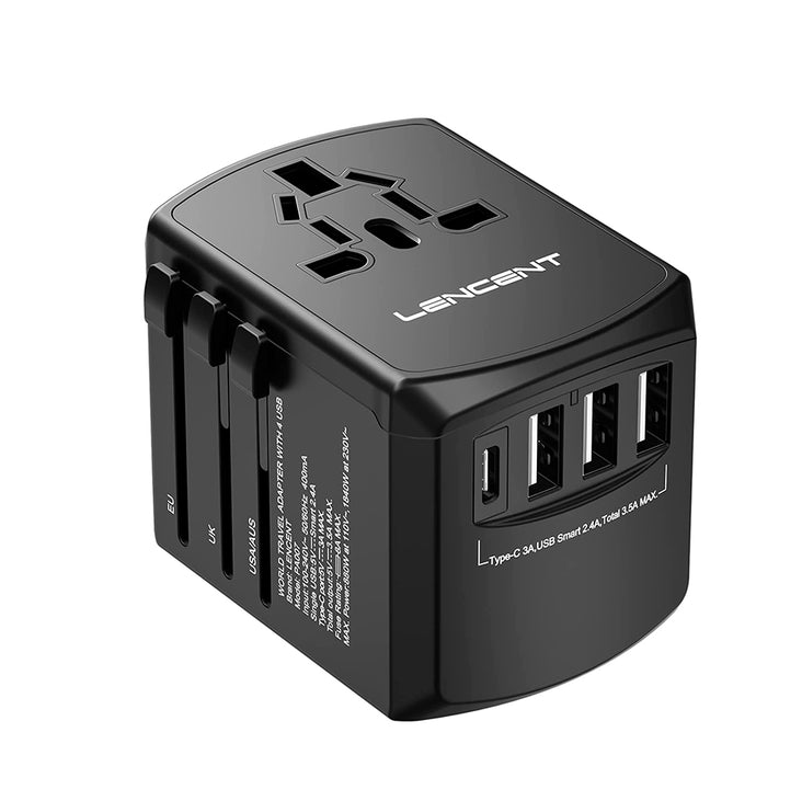 LENCENT Universal Travel Adapter, International Charger with 3 USB Ports and Type-C PD Fast Charging Adaptor for iPhone