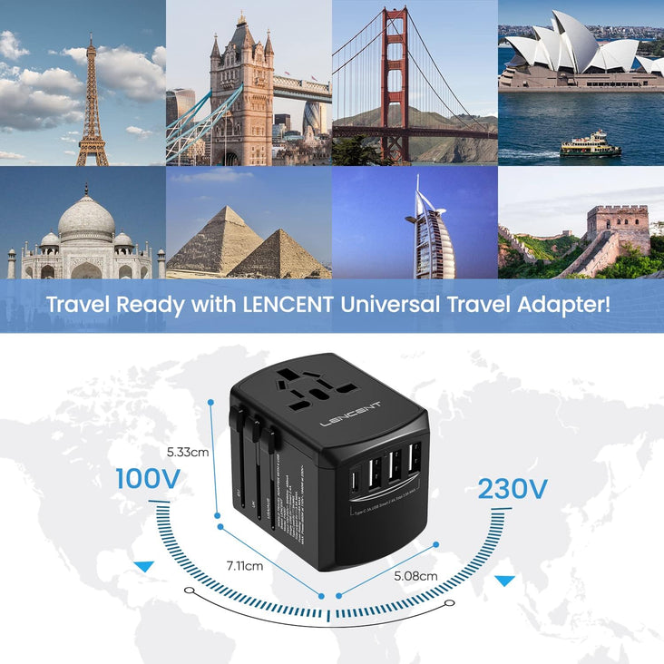 LENCENT Universal Travel Adapter, International Charger with 3 USB Ports and Type-C PD Fast Charging Adaptor for iPhone