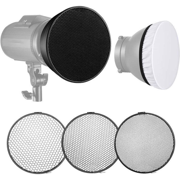 Neewer 7" Bowens Standard Reflector Dish with Honeycomb Grid Set (20°, 40°, 60°) and Diffuser Sock