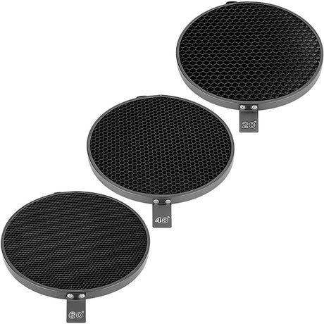 Neewer 7" Bowens Standard Reflector Dish with Honeycomb Grid Set (20°, 40°, 60°) and Diffuser Sock