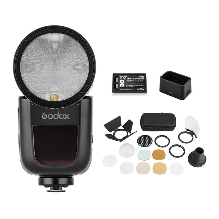 Godox V1-F Round Head Flash for Fujifilm + AK-R1 Accessory Head Kit - Bundle