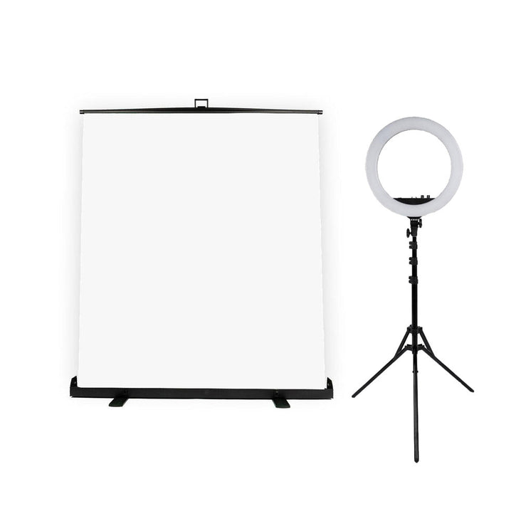 Portrait Headshot Lighting Kit With Pull Up White Backdrop & Ring Light - Bundle