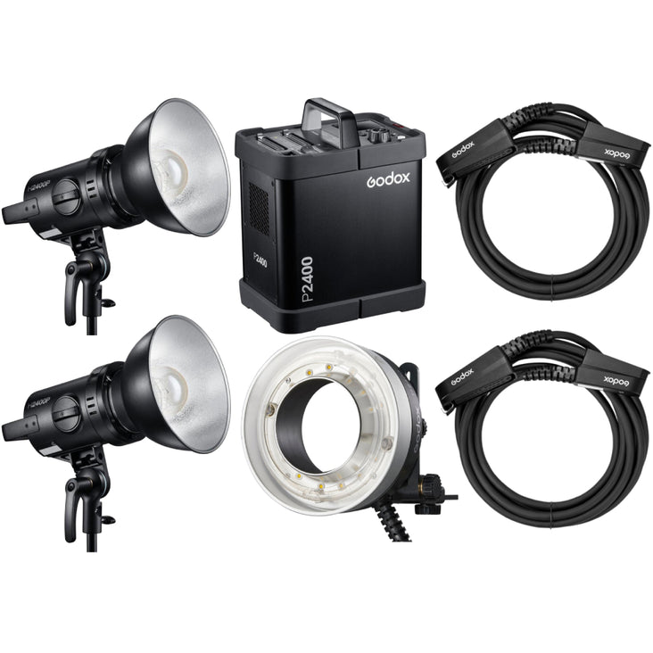 Dual Godox 2400P Zoom Flash Head with P2400 Power Pack, R2400 Ring Flash Head and 2x EC2400 Extension Cable for P2400 (5M Length) - Bundle