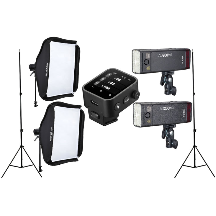 Dual Godox AD200Pro II with 80x80cm Tulip Square Collapsible Softbox, LumiStand and Single X3 Wireless Flash Trigger - Bundle