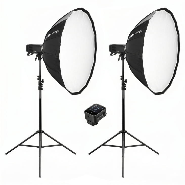 Dual Godox AD400Pro II with 80cm Light Stand, 85cm Parabolic Softbox and Single X3 Wireless Flash Trigger - Bundle