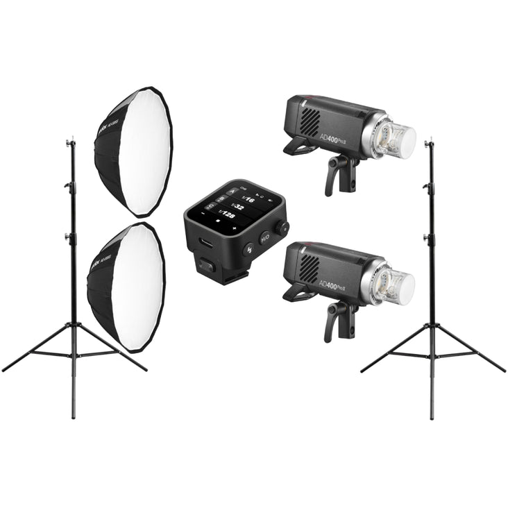 Dual Godox AD400Pro II with 80cm Light Stand, 85cm Parabolic Softbox and Single X3 Wireless Flash Trigger - Bundle