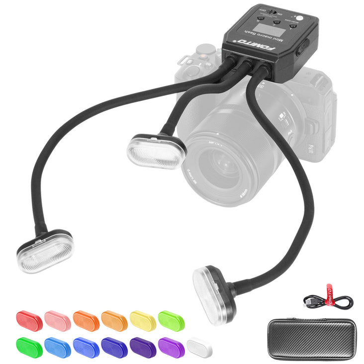 Fomito Mini Three-Head Macro On Camera Flash with Diffuser and Type-C Cable (Medium, 34.5cm)