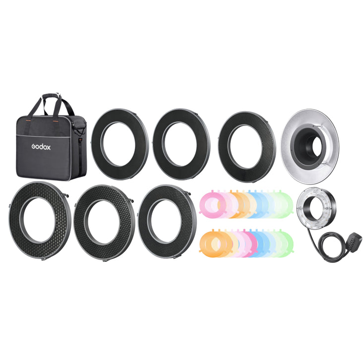 Godox R200 Ring Flash Head with 20°/30°/40° Honeycomb Grids, Reflector, Colour Gel Kit and Carrying Bag - Bundle