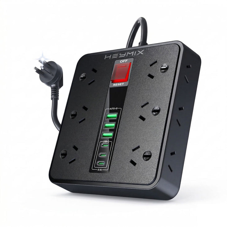 HEYMIX 18-in-1 Powerboard USB Surge Protector - 12 AC Outlets, 3 USB-C & 3 USB-A