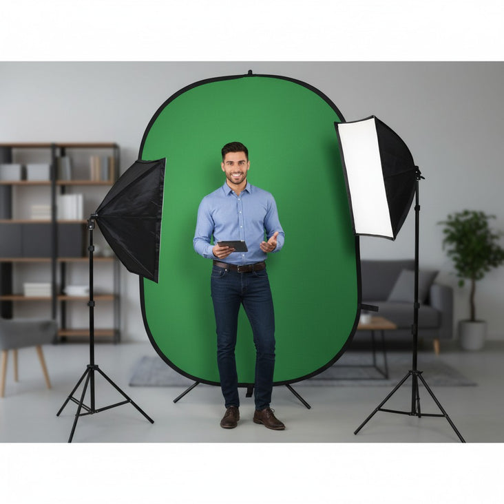 Hypop Actor Self-Tape Starter Kit with green chroma key backdrop and two softbox lights on stands.