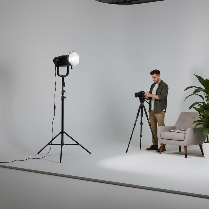 Hypop Godox M200Bi Pro continuous key light video kit with softbox and light stand, set up for a photoshoot.