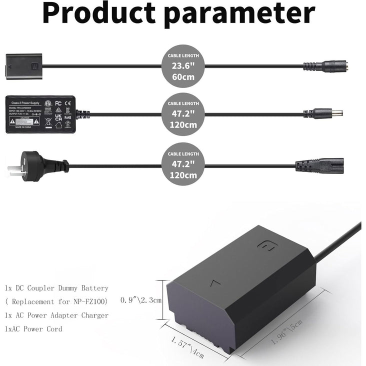 NP-FZ100 Dummy Battery Charger Kit with AC Power Supply Adapter for Sony