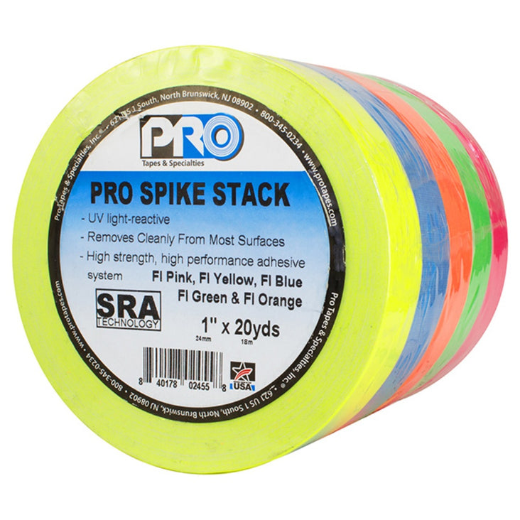 Pro Tape Spike Stack 24mm x 18m Fluoro Orange, Pink, Green, Yellow