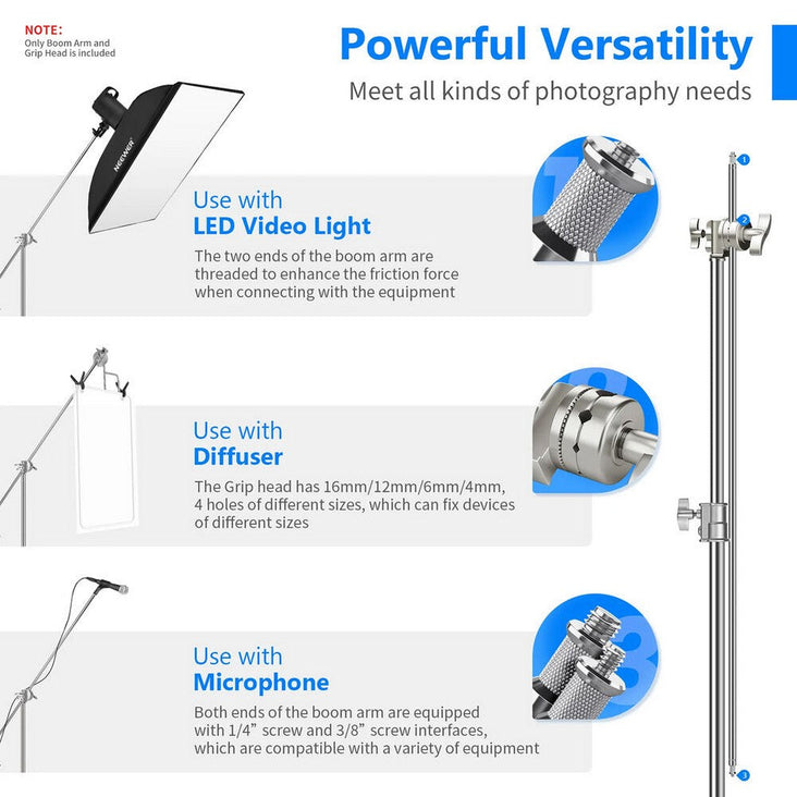 127cm / 50' Silver Extension Grip Boom Arm with Two Gobo Heads (Aluminum)