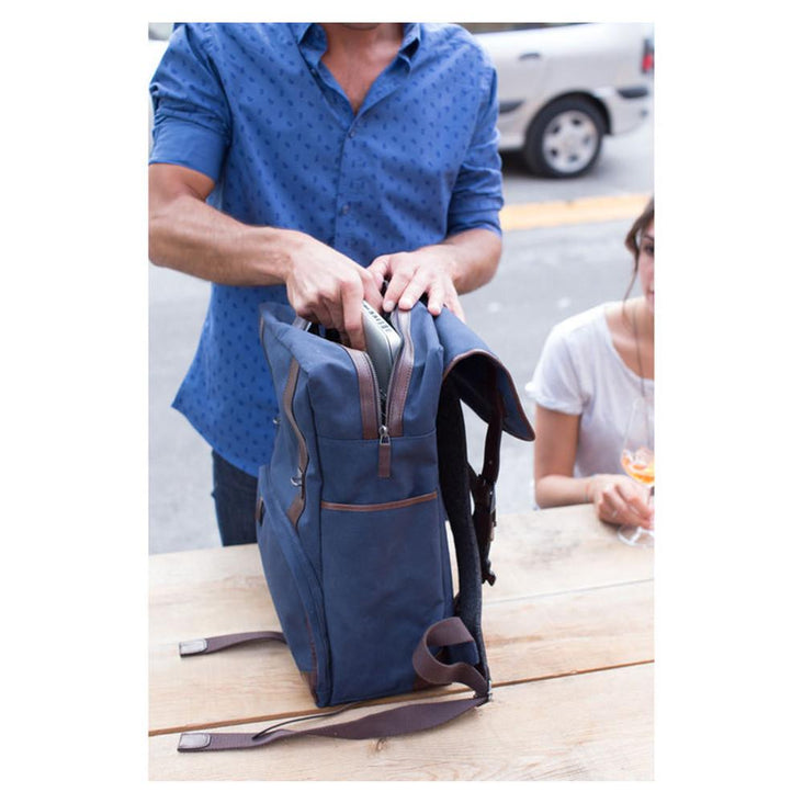 Barber Shop "Mop Top" Camera Backpack (Canvas & Leather, Blue & Dark Brown)