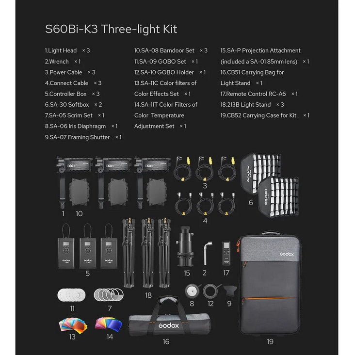 Godox S60Bi Focusing LED Bi-Colour 3 Head Continuous Lighting Kit