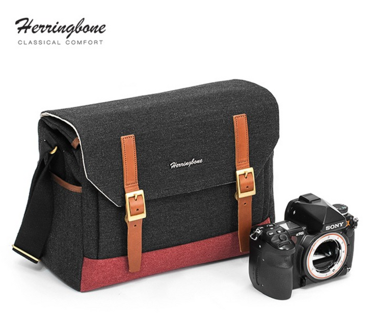 Herringbone Postman Messenger Camera Bag - Medium Black