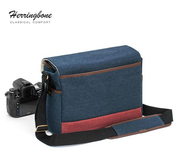 Herringbone Postman Messenger Camera Bag - Medium Navy Blue
