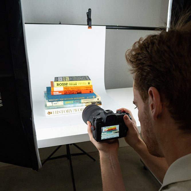 Starter Product Photography Lighting Kit With Monochrome Flat Lay Backdrop - Bundle