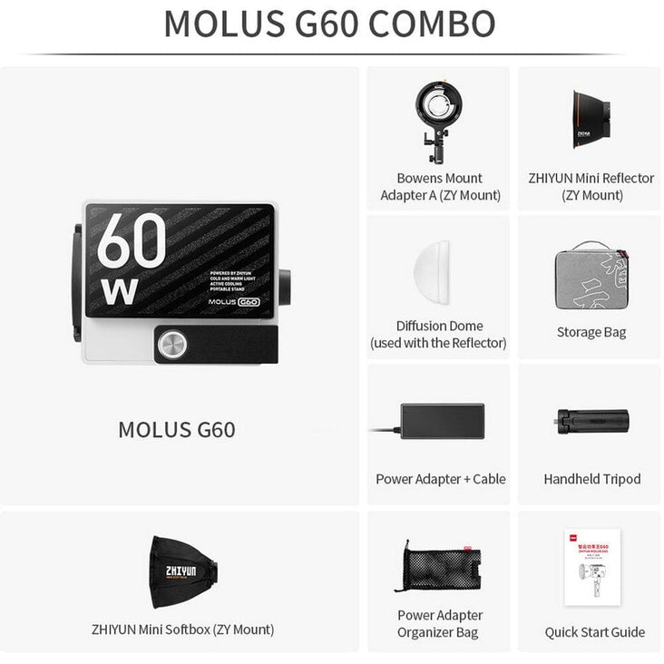 Zhiyun MOLUS G60 60W Bi-Colour COB Mini Pocket LED Continuous Light (Combo)